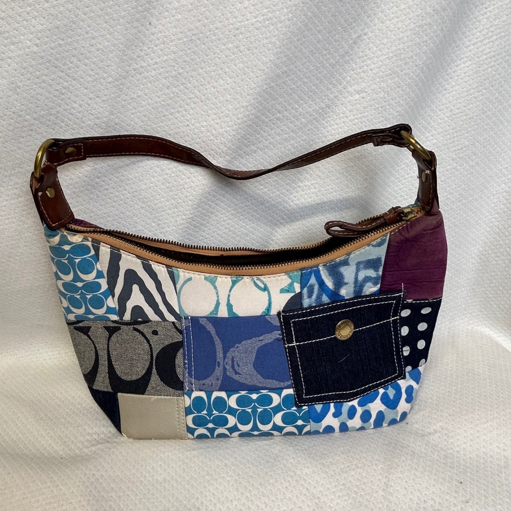 Coach Holiday Patchwork Demi Hobo Bag Blue Purple J04U-40530 Small Shoulder Bag